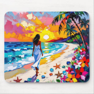Abstract strandtafereel met levendige zonsondergan muismat