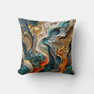Abstract Teal en Oranje Luxe 3D Vloeibare Kunst Kussen