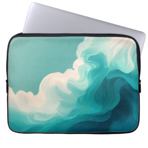Abstract Teal en Witte Stromende Golven Laptop Sleeve