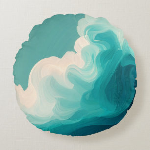 Abstract Teal en Witte Stromende Golven Rond Kussen