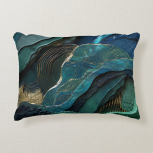Abstract Teal Groen Goud Marmer Luxe Geologisch Accent Kussen