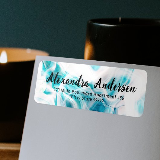 Abstract Teal Witte Vloeibare Verf Chic Script Lab Etiket