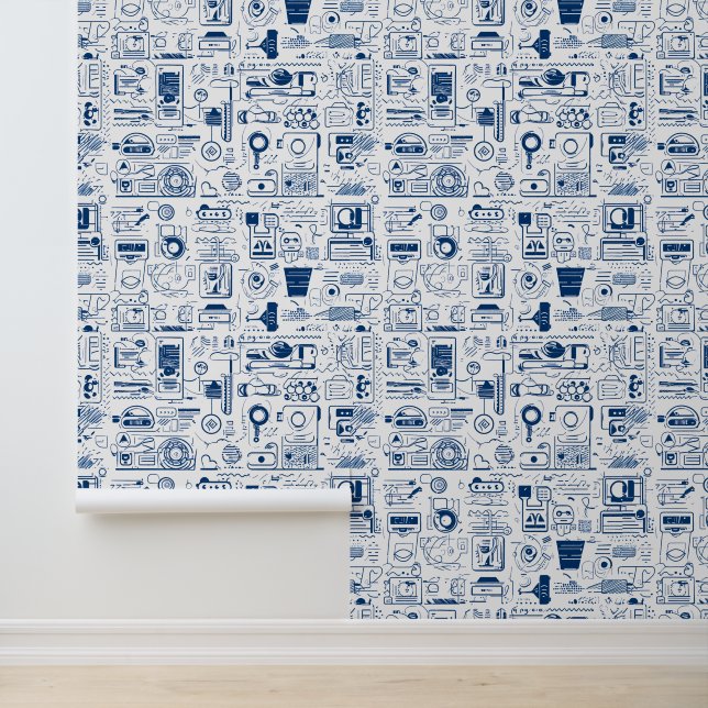 Abstract Tech Blueprint Doodle Pattern Behang (Applicatie)
