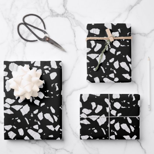 Abstract Terrazzo Mosaic Black en White Pattern Inpakpapier Vel (Voorkant)