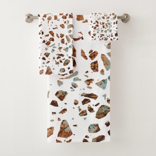 Abstract Terrazzo Mosaic Rust Brown & Blue Pattern Bad Handdoek (Insitu)