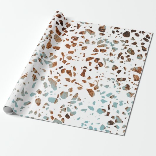 Abstract Terrazzo Mosaic Rust Brown & Blue Pattern Cadeaupapier (Uitgerold)