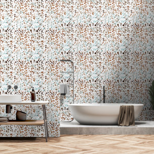 Abstract Terrazzo Mozaïek Roestbruin & Blauwe Patr Behang
