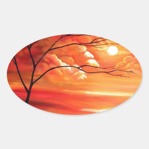 Abstract Tree & Red Sunset Ovale Sticker