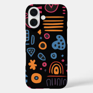 Abstract Tribal Doodle Neon Geometrisch Zwart iPhone 16 Hoesje