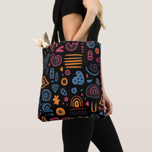 Abstract Tribal Doodle Neon Geometrisch Zwart Draagtas