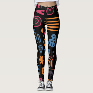 Abstract Tribal Doodle Neon Geometrisch Zwart Leggings