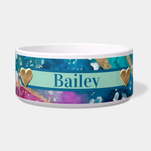 Abstract turquoise roze & Paarse met gouden glitte Voerbakje
