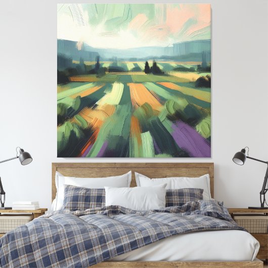 Abstract Veld met Sinaasappel, Groenen, Paarse, Ro Canvas Afdruk (Insitu (Slaapkamer))