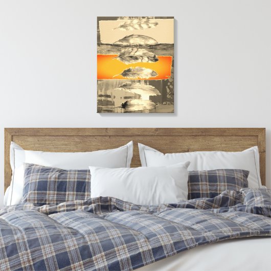 Abstract vervormd schilderwerk met bruine feathers canvas afdruk (Insitu (Slaapkamer))
