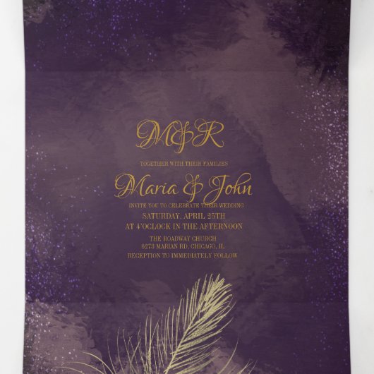 Abstract Violet Zwart Glam Brush Strokes Bruiloft Drieluik Uitnodiging (Binnenkant midden)