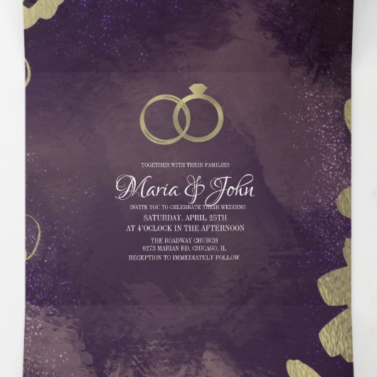 Abstract Violet Zwart Glam Goud Rozen Bruiloft Drieluik Uitnodiging (Binnenkant midden)