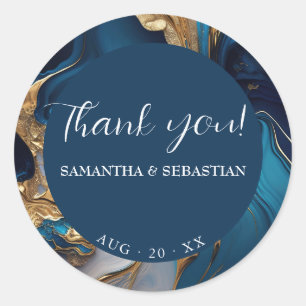 Abstract vloeibaar goud op blauw marmer ronde sticker