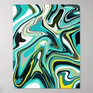 Abstract vloeistofpatroon in Blauwgroen en zwart Poster