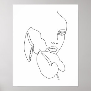 Abstract Vrouw Gezicht Met Bloemen Lijn Kunst Poster