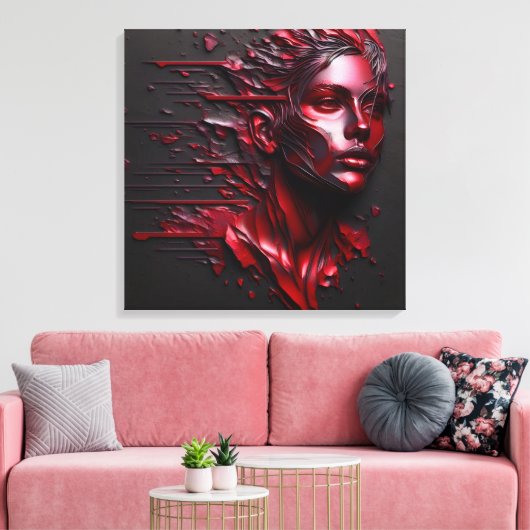 Abstract Vrouwengezicht in Geanodiseerd Rood Canvas Afdruk (Insitu (Woonkamer))