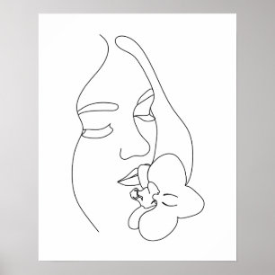Abstract vrouwengezicht met een bloemlijnkunst poster