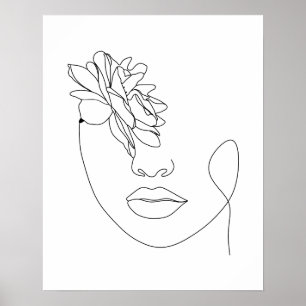 Abstract Vrouwengezicht met Roos Line Art Poster