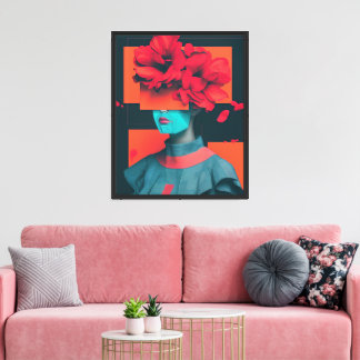 Abstract vrouwenportret met bloemen canvas afdruk