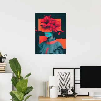 Abstract vrouwenportret met bloemen poster