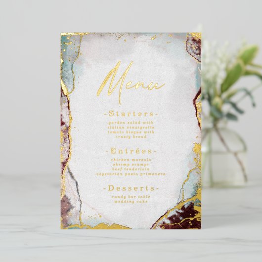 Abstract Waterverf Wijn Weddenschap Menu Real Gold Folie Uitnodiging (Staand Voorkant)