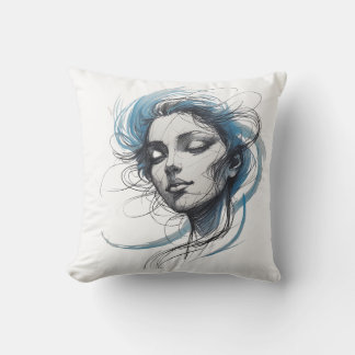 Abstract Wind Flowing Face – Blue Line Art Pillow Kussen