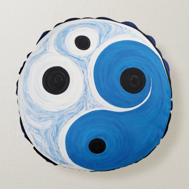 Abstract Yin Yang: Modernist Blauw & Wit Rond Kussen (Voorkant)