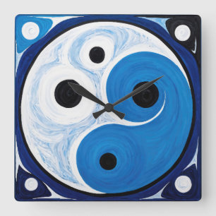 Abstract Yin Yang: Modernist Blauw & Wit Vierkante Klok