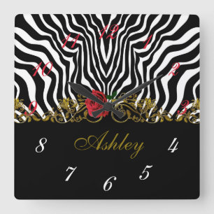 Abstract Zebra - Rood zwart wit goud         Vierkante Klok