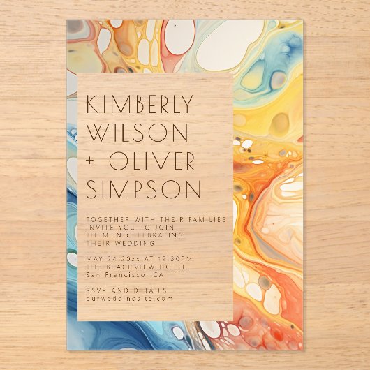 Abstract Zee golven en zandstenen strand bruiloft Acryl Uitnodigingen (Voorkant)