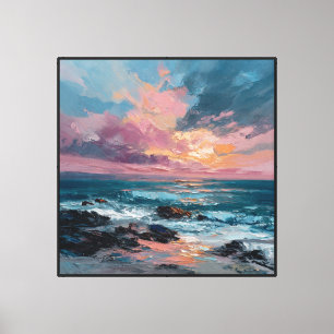 Abstract zeegezicht bij zonsondergang met golven e canvas afdruk