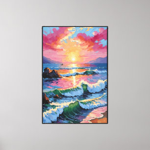 Abstract zeegezicht bij zonsondergang met palmbome canvas afdruk