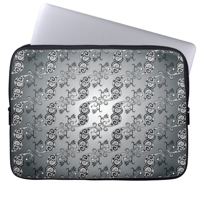 Abstract zilver en zwart Tulip Boteh Pattern Laptop Sleeve (Voorkant)