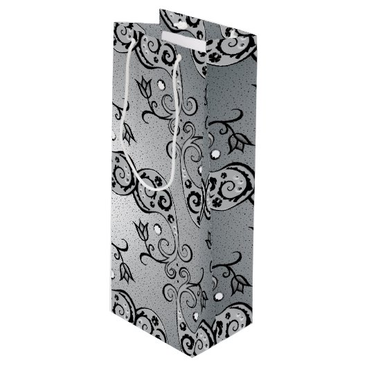 Abstract zilver en zwart Tulip Boteh Pattern Wijn Cadeautas (Voorkant Gekanteld)