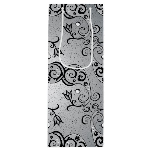 Abstract zilver en zwart Tulip Boteh Pattern Wijn Cadeautas (Voorkant)
