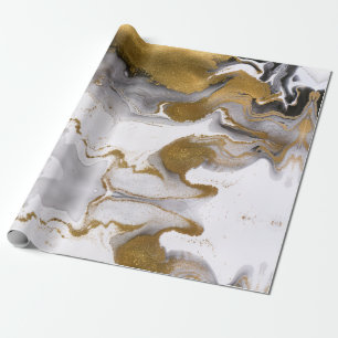 Abstract Zwart en Gouden Agaat Marmeren Swirl Cadeaupapier