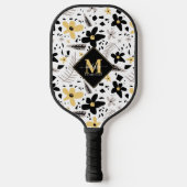Abstract Zwart Geel Grijs Bloemen Monogramed Pickleball Paddle (Voorkant)