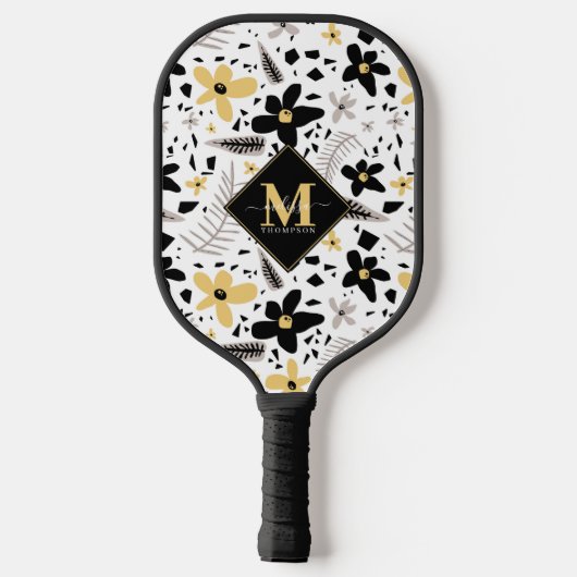 Abstract Zwart Geel Grijs Bloemen Monogramed Pickleball Paddle (Achterkant)
