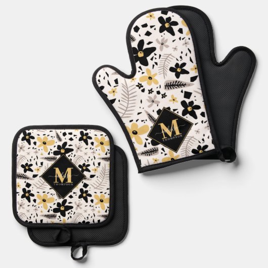 Abstract Zwart Geel Grijs Naadloos Bloempatroon Ovenwant & Pannenlap Set (Voorkant / Achterkant)