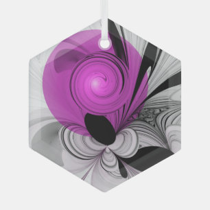 Abstract zwart grijs met magenta fractal art glas ornament