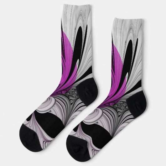 Abstract zwart grijs met magenta fractal art sokken (Links)