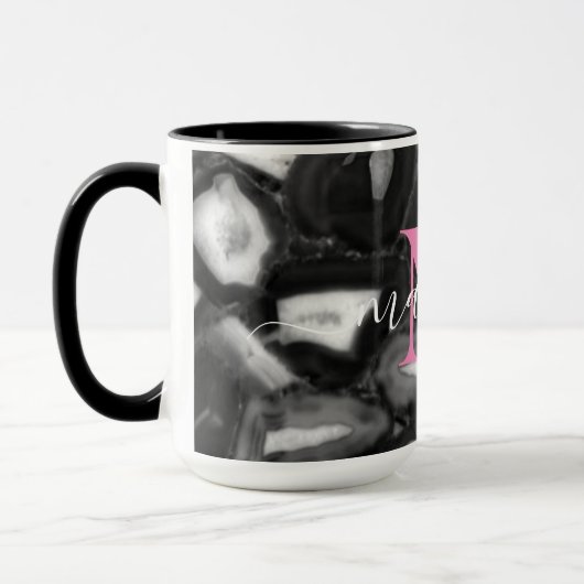 Abstract Zwart Wit Agaat geode monogram script Mok (Links)