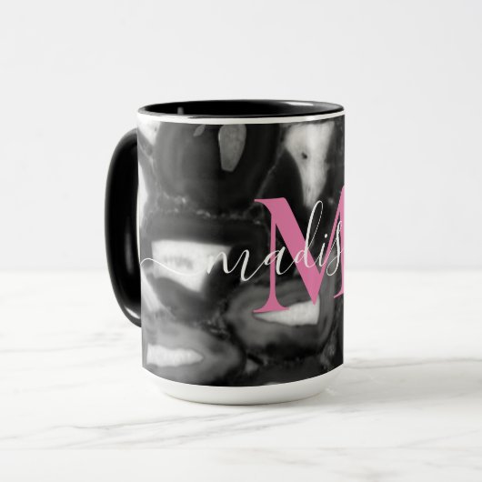 Abstract Zwart Wit Agaat geode monogram script Mok (Voorkant links)