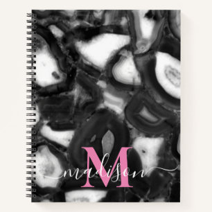 Abstract Zwart Wit Agaat geode monogram script Notitieboek