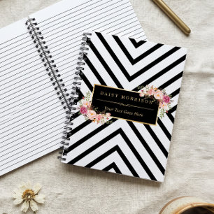 Abstract zwart-wit gestreept en bloemmotief gouden notitieboek