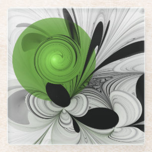 Abstract Zwart-wit met Groene Fractal Art Glazen Onderzetter
